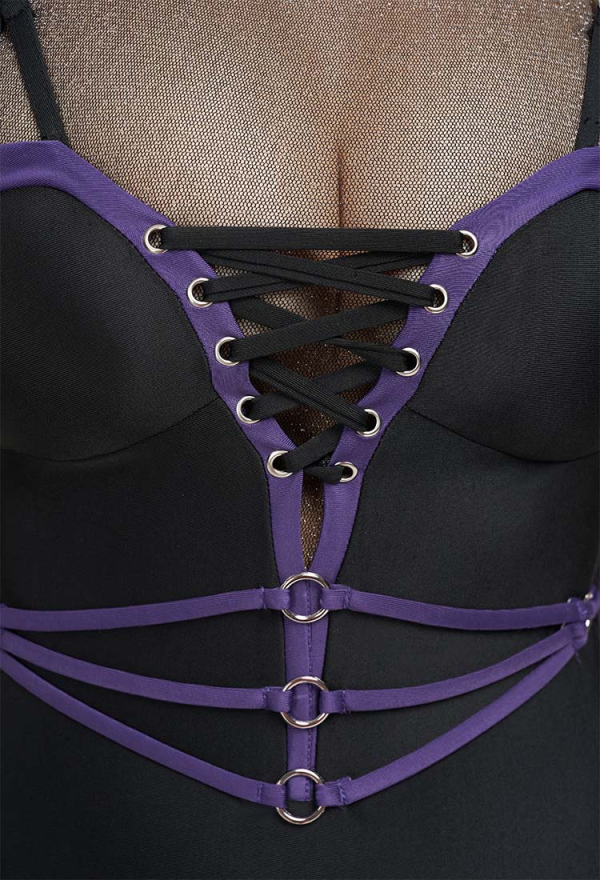 Goth Girl Gothic Black Net Yarn Spliced Lace-Up One-Piece Swimsuit