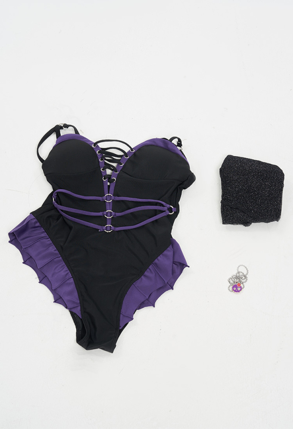 Goth Girl Gothic Black Net Yarn Spliced Lace-Up One-Piece Swimsuit