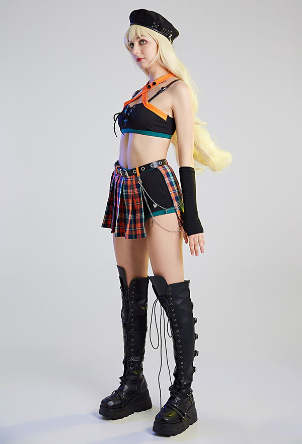 Hard Bounce Grunge Girl Summer Punk Style Halter Tube Top and Plaid Skirt