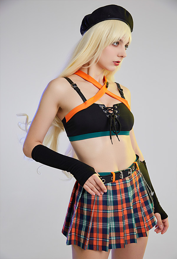 Hard Bounce Grunge Girl Summer Punk Style Halter Tube Top and Plaid Skirt