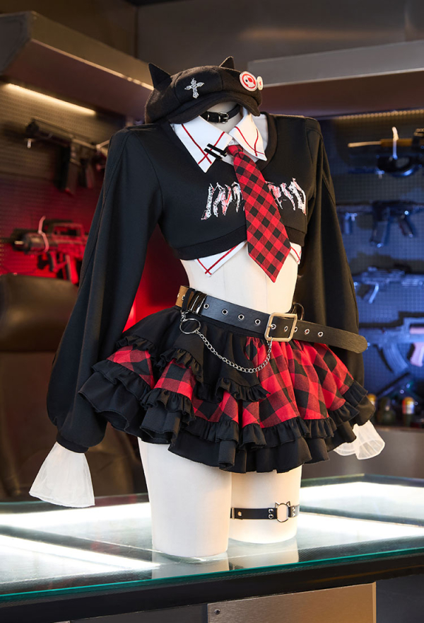 Anime Girl Cosplay Costume Black Top and Plaid Skirt with Leg Warmers and Hat