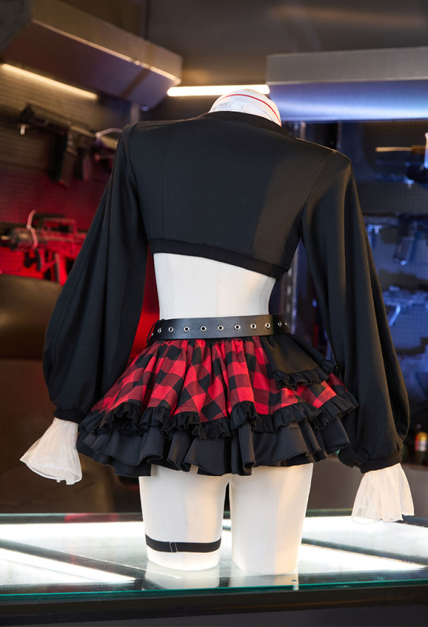 Anime Girl Cosplay Costume Black Top and Plaid Skirt with Leg Warmers and Hat