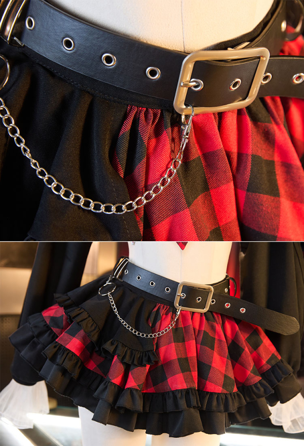 Anime Girl Cosplay Costume Black Top and Plaid Skirt with Leg Warmers and Hat