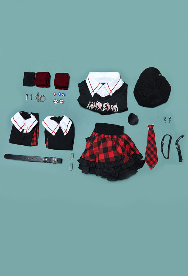 Anime Girl Cosplay Costume Black Top and Plaid Skirt with Leg Warmers and Hat
