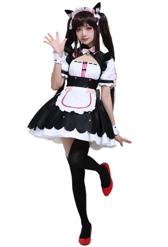 Gothic Kawaii Cartoon Maid Dress Sweet Bow Decorated Tutu Dress Halloween Cosplay Costume with Cat Ears