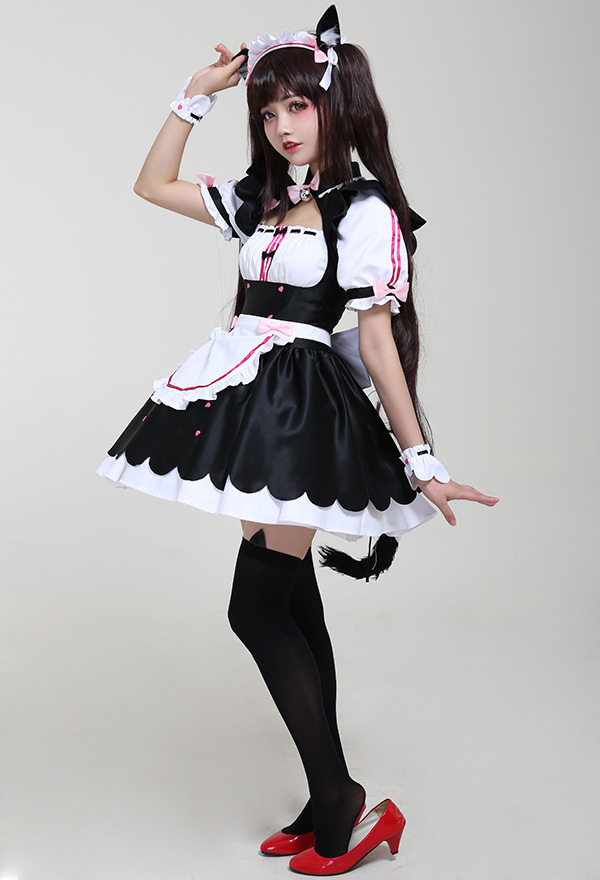 Gothic Kawaii Cartoon Maid Dress Sweet Bow Decorated Tutu Dress Halloween Cosplay Costume with Cat Ears