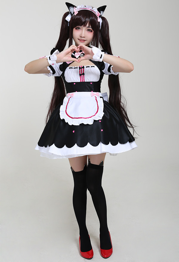 Gothic Kawaii Cartoon Maid Dress Sweet Bow Decorated Tutu Dress Halloween Cosplay Costume with Cat Ears
