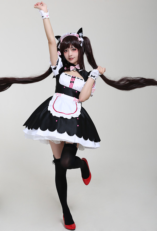 Gothic Kawaii Cartoon Maid Dress Sweet Bow Decorated Tutu Dress Halloween Cosplay Costume with Cat Ears