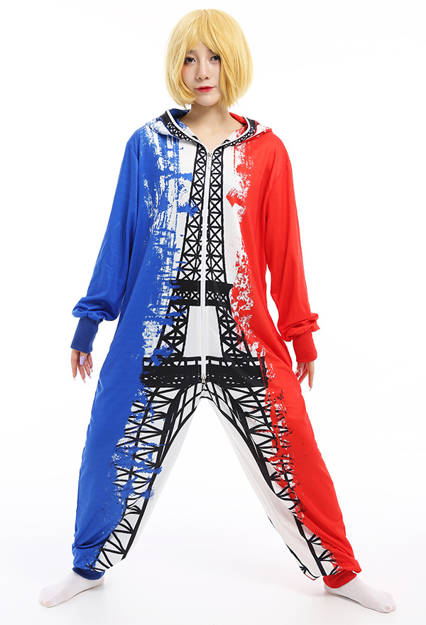 Women Flag Series Onesie Pajama Polyester Long Sleeve France National Flag Eiffel Tower Pattern Sleepwear Halloween Costume Women Flag Series Onesie Pajama Polyester Long Sleeve France National Flag Eiffel Tower Pattern Sleepwear Halloween Costume