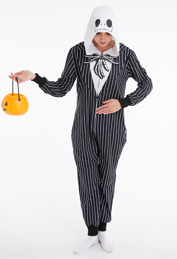 Jack Halloween Women Halloween Black White Stripe Hooded Onesie Pajama