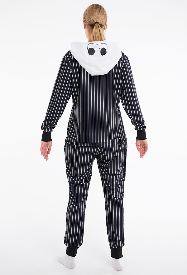 Jack Halloween Women Halloween Black White Stripe Hooded Onesie Pajama