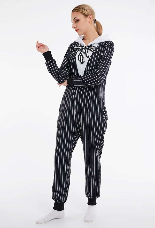 Jack Halloween Women Halloween Black White Stripe Hooded Onesie Pajama