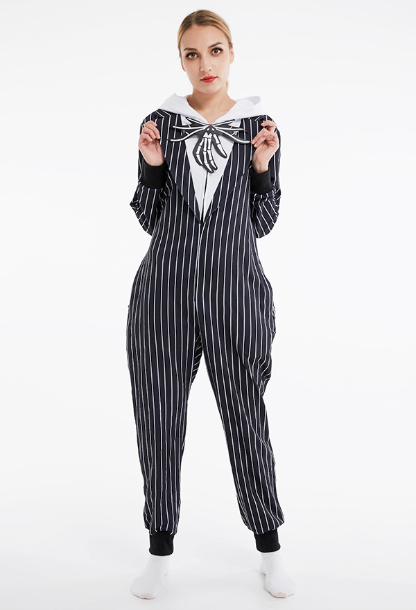 Jack Halloween Women Halloween Black White Stripe Hooded Onesie Pajama