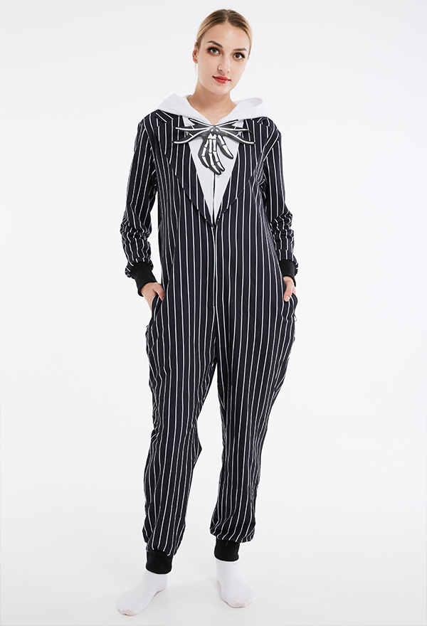 Jack Halloween Women Halloween Black White Stripe Hooded Onesie Pajama