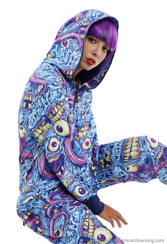 Erroneous World Women Halloween Blue Monster Print Hooded Onesie Pajama