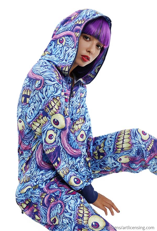 Erroneous World Women Halloween Blue Monster Print Hooded Onesie Pajama