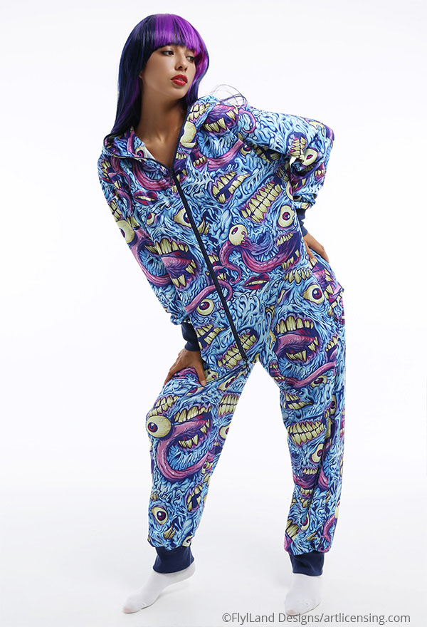 Erroneous World Women Halloween Blue Monster Print Hooded Onesie Pajama