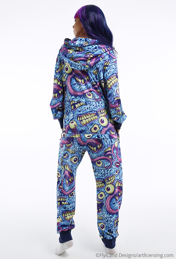 Erroneous World Women Halloween Blue Monster Print Hooded Onesie Pajama