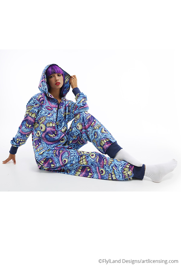Erroneous World Women Halloween Blue Monster Print Hooded Onesie Pajama