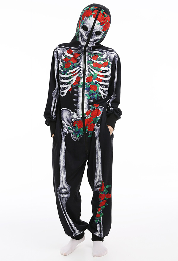 Skeleton Halloween Pajama Costume Demon Series Women Onesie Kigurumi Gothic Dark Style Polyester Long Sleeve Rose Human Skeleton Pajama Jumpsuit