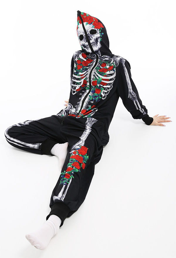 Skeleton Halloween Pajama Costume Demon Series Women Onesie Kigurumi Gothic Dark Style Polyester Long Sleeve Rose Human Skeleton Pajama Jumpsuit