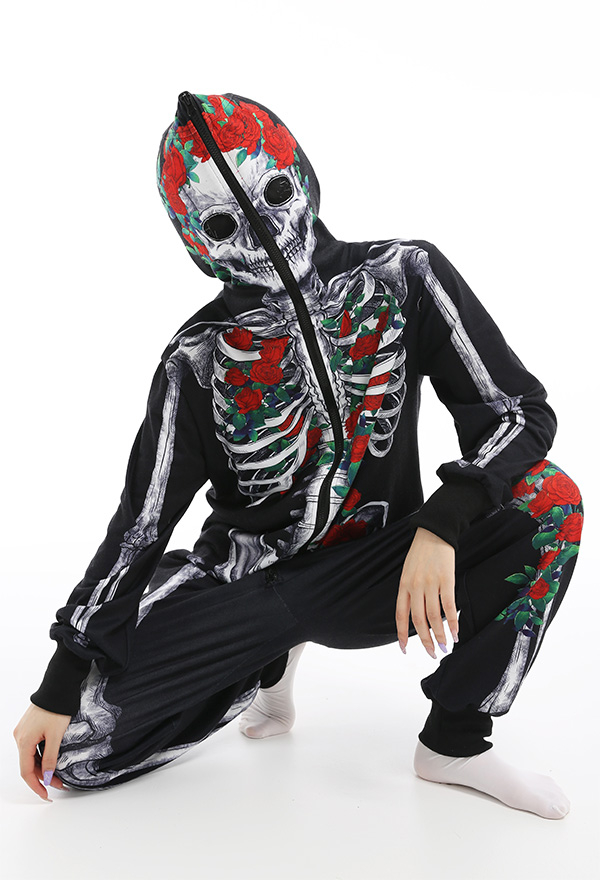 Skeleton Halloween Pajama Costume Demon Series Women Onesie Kigurumi Gothic Dark Style Polyester Long Sleeve Rose Human Skeleton Pajama Jumpsuit
