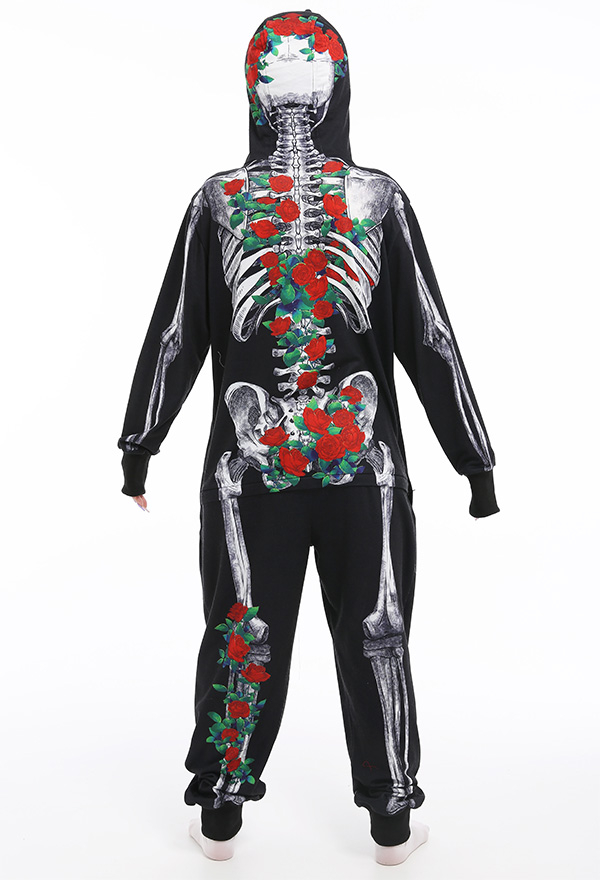 Skeleton Halloween Pajama Costume Demon Series Women Onesie Kigurumi Gothic Dark Style Polyester Long Sleeve Rose Human Skeleton Pajama Jumpsuit