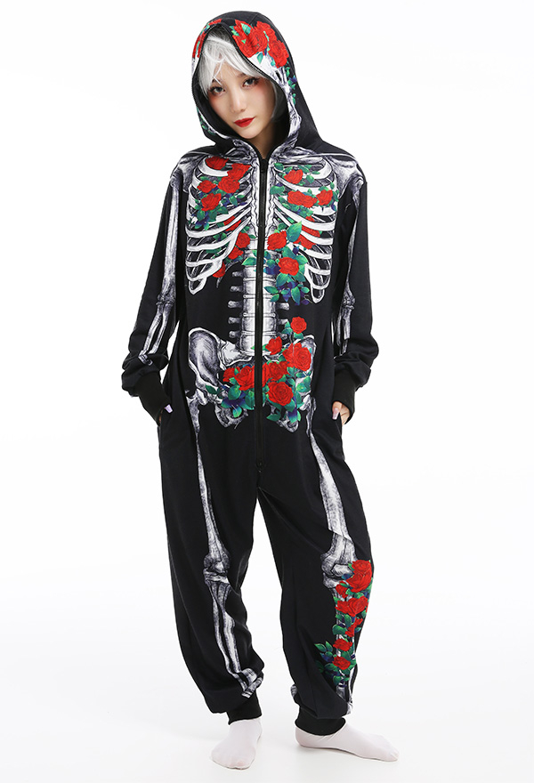 Skeleton Halloween Pajama Costume Demon Series Women Onesie Kigurumi Gothic Dark Style Polyester Long Sleeve Rose Human Skeleton Pajama Jumpsuit