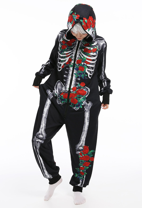 Skeleton Halloween Pajama Costume Demon Series Women Onesie Kigurumi Gothic Dark Style Polyester Long Sleeve Rose Human Skeleton Pajama Jumpsuit