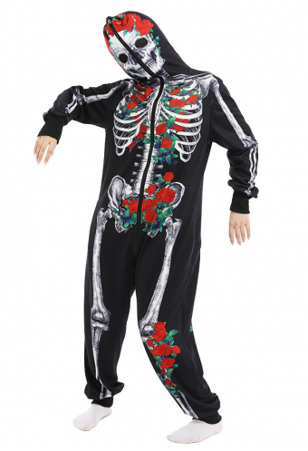 Skeleton Halloween Pajama Costume Demon Series Women Onesie Kigurumi Gothic Dark Style Polyester Long Sleeve Rose Human Skeleton Pajama Jumpsuit