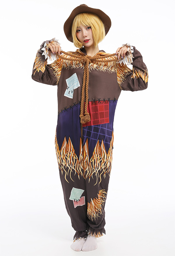 Women Adult Onesie Halloween Pajama Costume Polyester Long Sleeved Hooded One-Piece Scarecrow Jumpsuit Sleepwear with Hat
