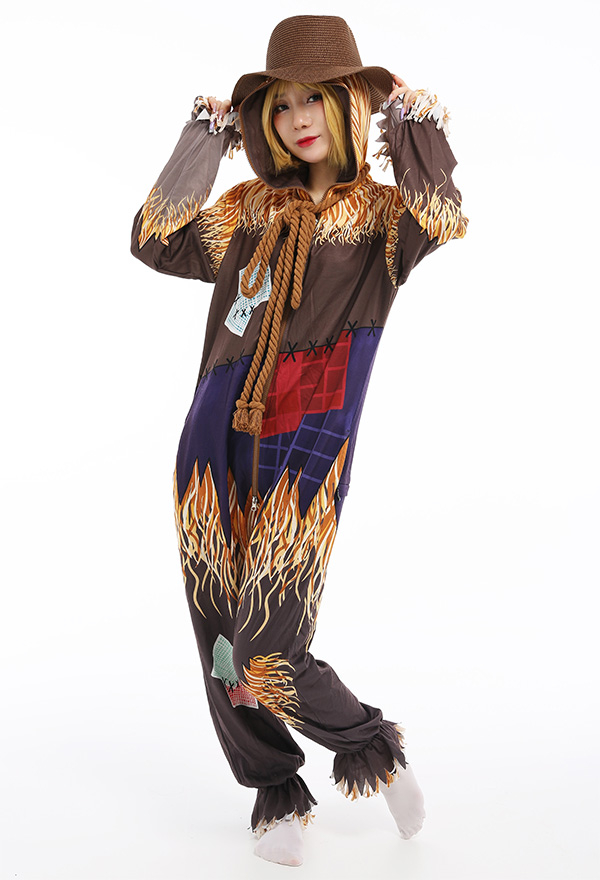 Women Adult Onesie Halloween Pajama Costume Polyester Long Sleeved Hooded One-Piece Scarecrow Jumpsuit Sleepwear with Hat