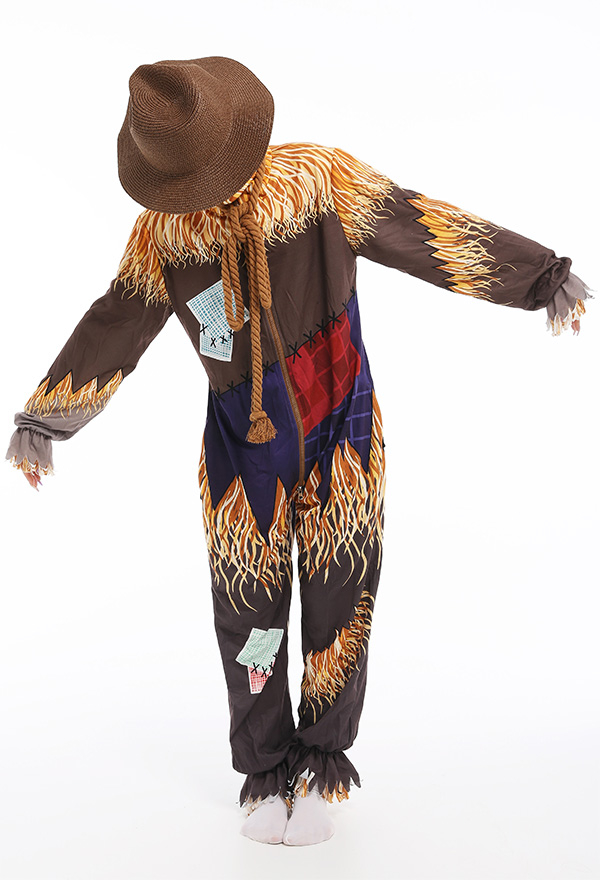 Women Adult Onesie Halloween Pajama Costume Polyester Long Sleeved Hooded One-Piece Scarecrow Jumpsuit Sleepwear with Hat