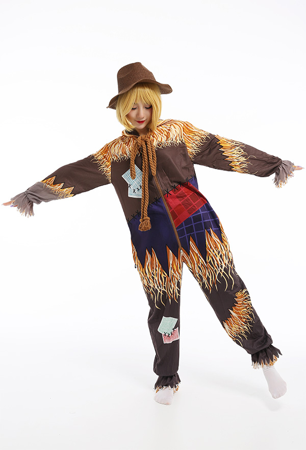 Women Adult Onesie Halloween Pajama Costume Polyester Long Sleeved Hooded One-Piece Scarecrow Jumpsuit Sleepwear with Hat
