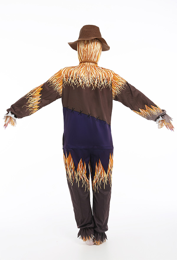 Women Adult Onesie Halloween Pajama Costume Polyester Long Sleeved Hooded One-Piece Scarecrow Jumpsuit Sleepwear with Hat