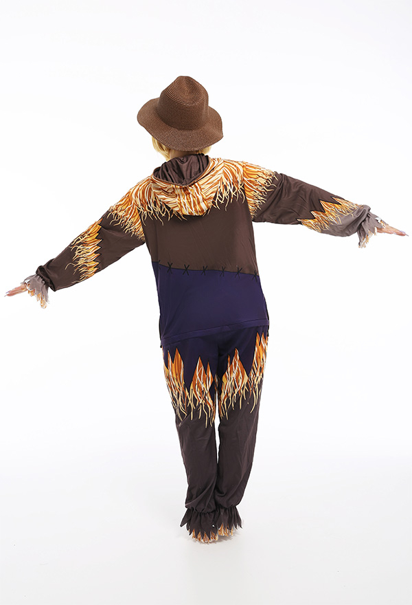 Women Adult Onesie Halloween Pajama Costume Polyester Long Sleeved Hooded One-Piece Scarecrow Jumpsuit Sleepwear with Hat