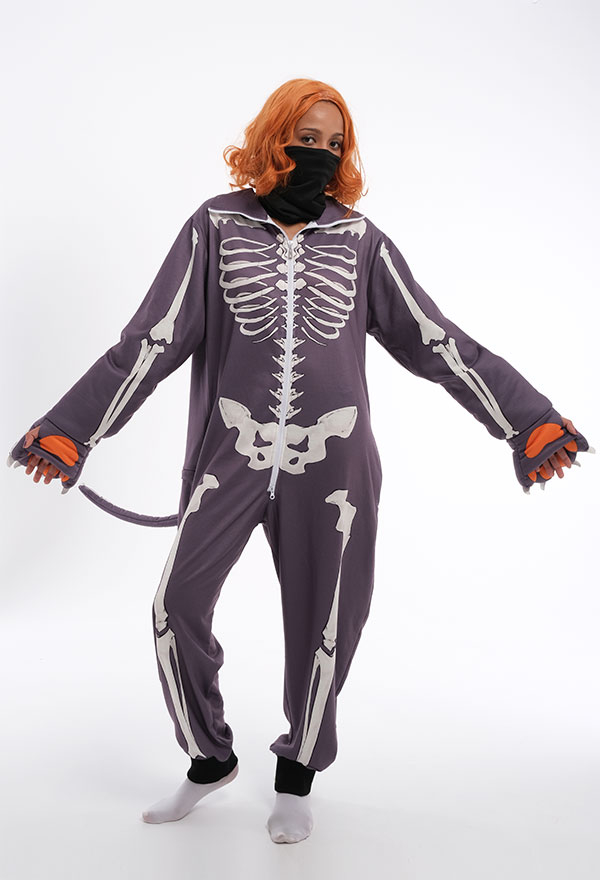Gothic Animal Cartoon Skull Cat Kigurumi Dark Style Polyester Long Sleeve Hooded Onesie Pajamas Halloween Costume for Women Gothic Animal Cartoon Skull Cat Kigurumi Dark Style Polyester Long Sleeve Hooded Onesie Pajamas Halloween Costume for Women