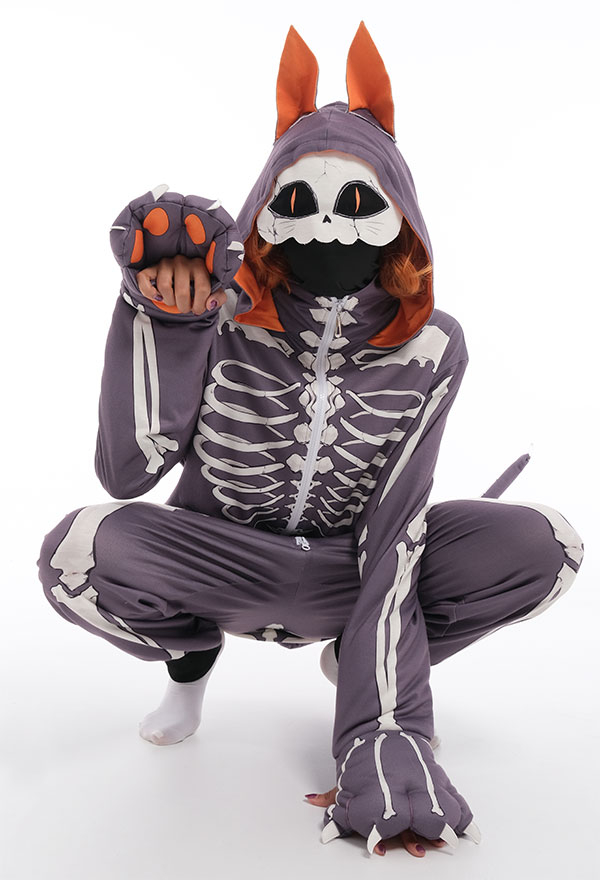 Gothic Animal Cartoon Skull Cat Kigurumi Dark Style Polyester Long Sleeve Hooded Onesie Pajamas Halloween Costume for Women Gothic Animal Cartoon Skull Cat Kigurumi Dark Style Polyester Long Sleeve Hooded Onesie Pajamas Halloween Costume for Women