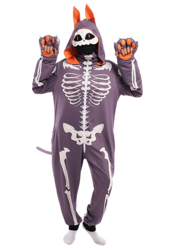 Gothic Animal Cartoon Skull Cat Kigurumi Dark Style Polyester Long Sleeve Hooded Onesie Pajamas Halloween Costume for Women