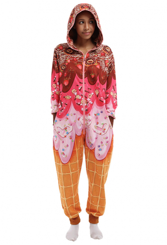 Women Adult Novelty Ice Cream Print Onesie Pajamas Sweet Style Long Sleeve Hoodie Jumpsuit Christmas Costume Party Wear