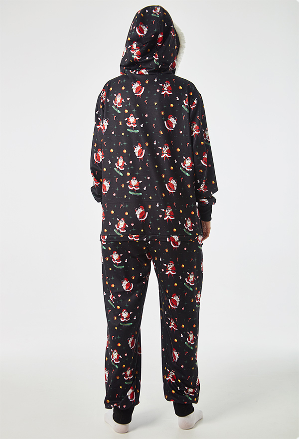 Aesthetic Christmas Onesie Hip Hop Santa Claus Pattern Kigurumi Black Warm Hooded Long Sleeve Adult Footie Onesie for Women