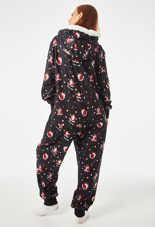 Aesthetic Christmas Onesie Hip Hop Santa Claus Pattern Kigurumi Black Warm Hooded Long Sleeve Adult Footie Onesie for Women