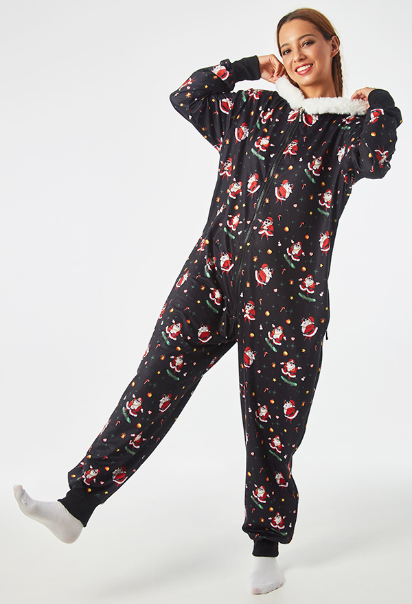 Aesthetic Christmas Onesie Hip Hop Santa Claus Pattern Kigurumi Black Warm Hooded Long Sleeve Adult Footie Onesie for Women