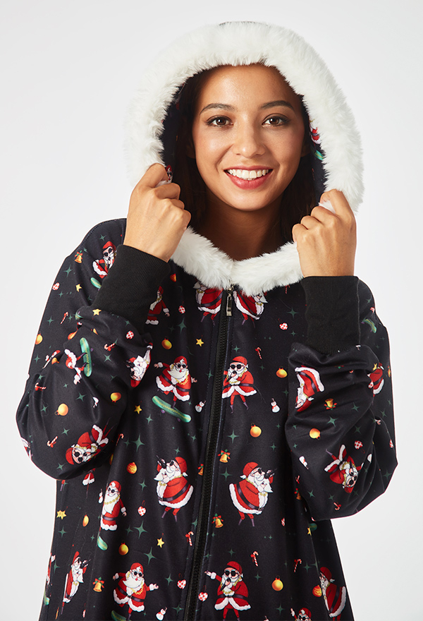 Aesthetic Christmas Onesie Hip Hop Santa Claus Pattern Kigurumi Black Warm Hooded Long Sleeve Adult Footie Onesie for Women