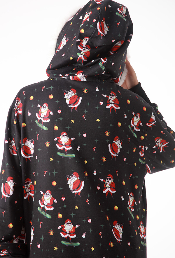 Aesthetic Christmas Onesie Hip Hop Santa Claus Pattern Kigurumi Black Warm Hooded Long Sleeve Adult Footie Onesie for Women