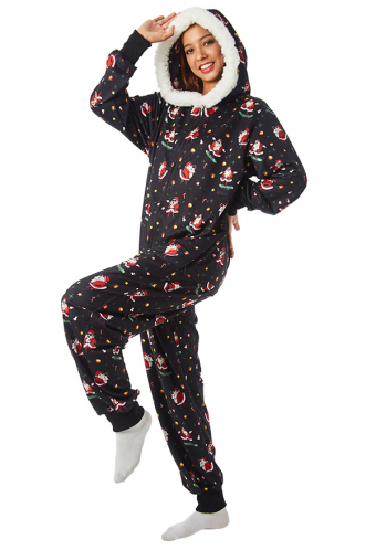 Aesthetic Christmas Onesie Hip Hop Santa Claus Pattern Kigurumi Black Warm Hooded Long Sleeve Adult Footie Onesie for Women