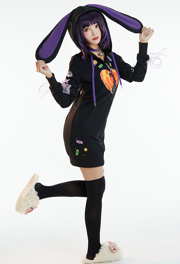 Women Halloween Black Bunny Heart Print Onesie Hooded Loungewear