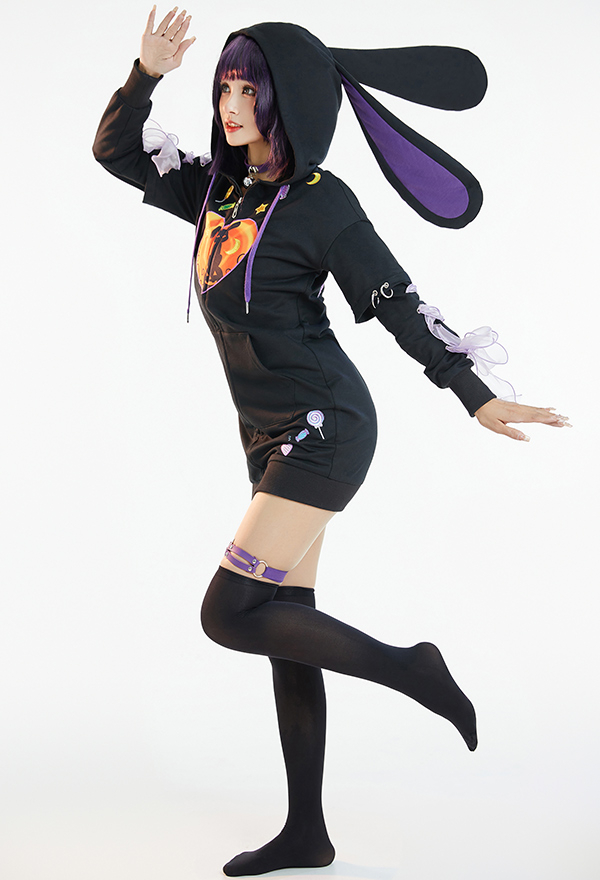 Women Halloween Black Bunny Heart Print Onesie Hooded Loungewear