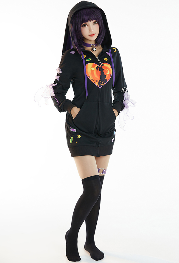 Women Halloween Black Bunny Heart Print Onesie Hooded Loungewear
