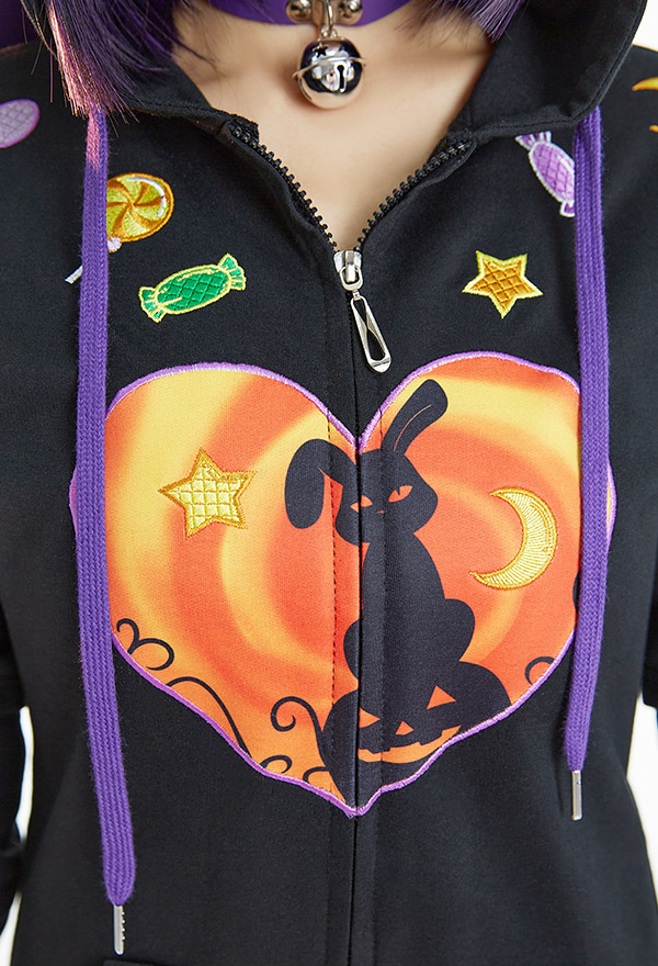 Women Halloween Black Bunny Heart Print Onesie Hooded Loungewear